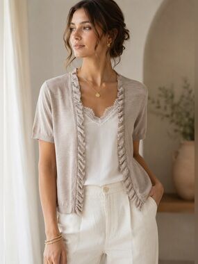 August Silk Ruffle Trim Lightweight Cardigan XL